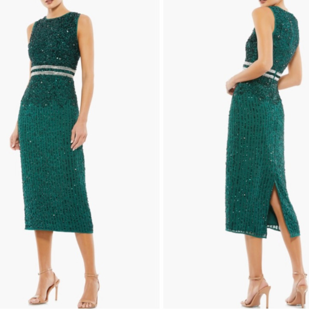 Mac Duggal Green Sequin Midi Dress